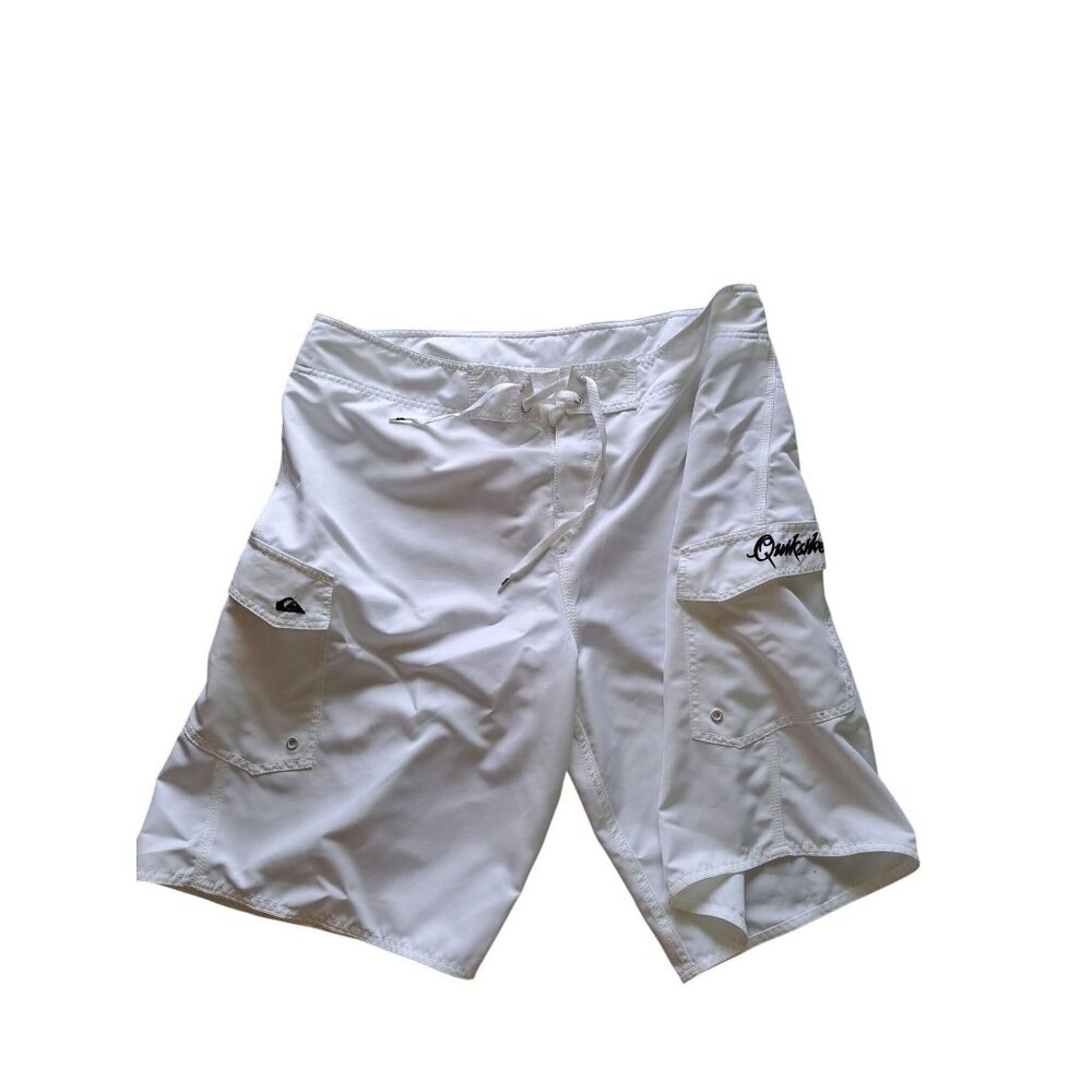Quiksilver Mens White Cargo Swim Board Shorts  Drawstring Waist Pockets Size 38